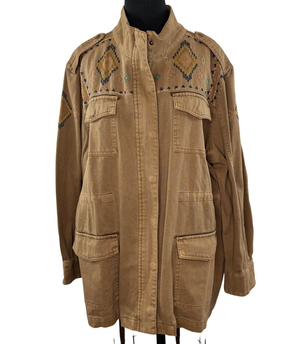 SUNDANCE Twin Rivers Light Brown Utility Jacket Embroidered Aztec Tribal Sz XXL